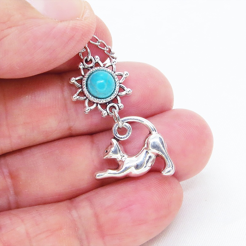 シルバーカラー のび猫とひまわりモチーフをつなげたネックレス ターコイズ 長さ変更可 SV925変更可