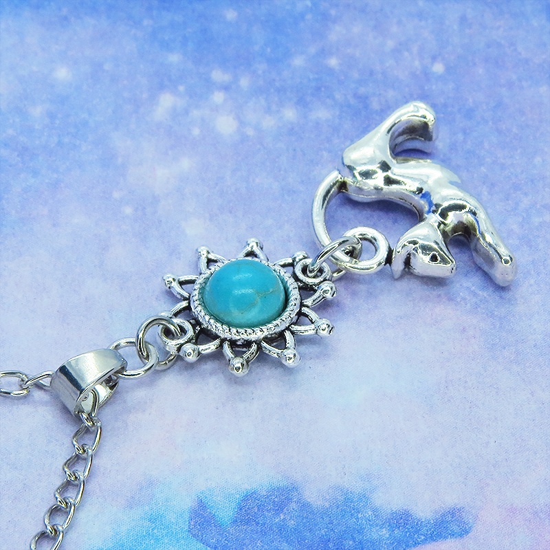 シルバーカラー のび猫とひまわりモチーフをつなげたネックレス ターコイズ 長さ変更可 SV925変更可