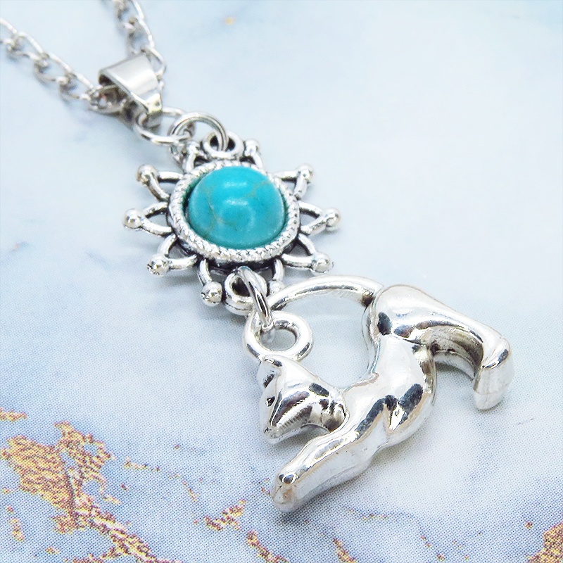 シルバーカラー のび猫とひまわりモチーフをつなげたネックレス ターコイズ 長さ変更可 SV925変更可