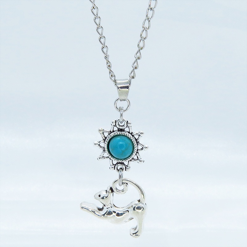 シルバーカラー のび猫とひまわりモチーフをつなげたネックレス ターコイズ 長さ変更可 SV925変更可