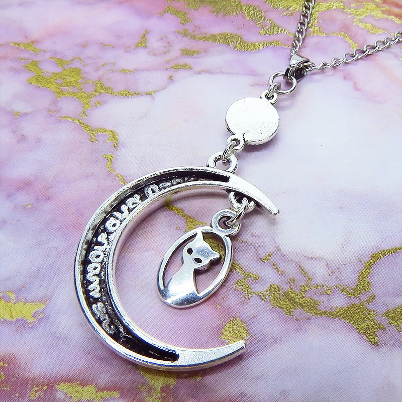 アンティークシルバー 猫と三日月とラインストーンのネックレス SV925可 長さ変更可