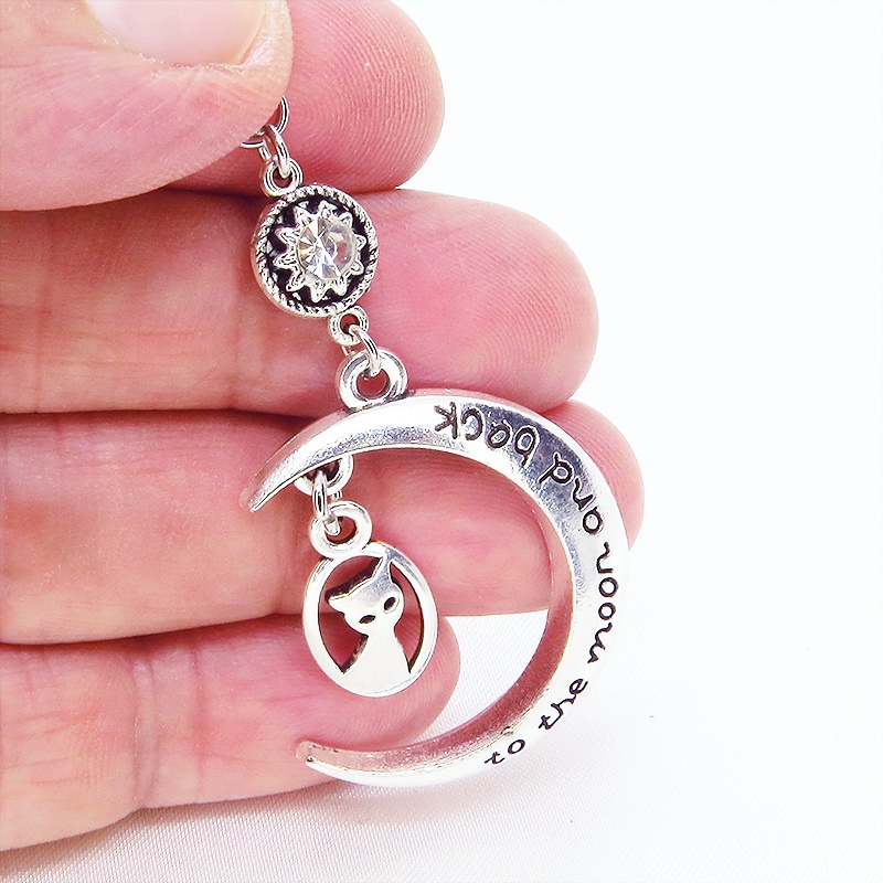 アンティークシルバー 猫と三日月とラインストーンのネックレス SV925可 長さ変更可