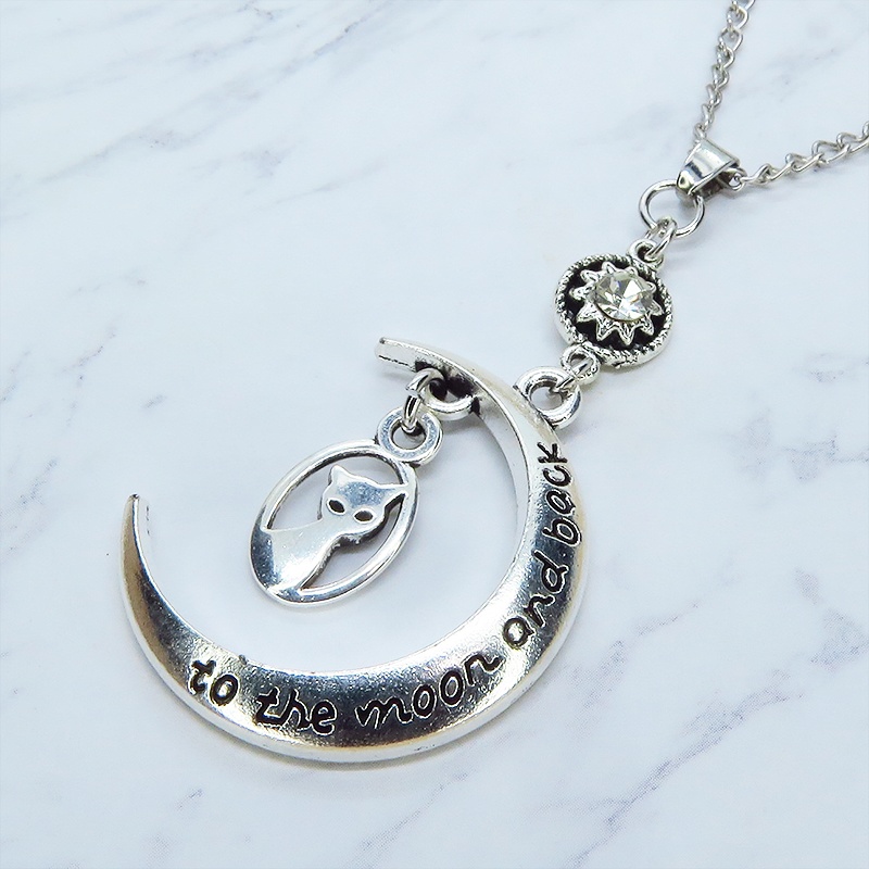 アンティークシルバー 猫と三日月とラインストーンのネックレス SV925可 長さ変更可