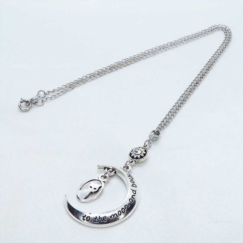 アンティークシルバー 猫と三日月とラインストーンのネックレス SV925可 長さ変更可