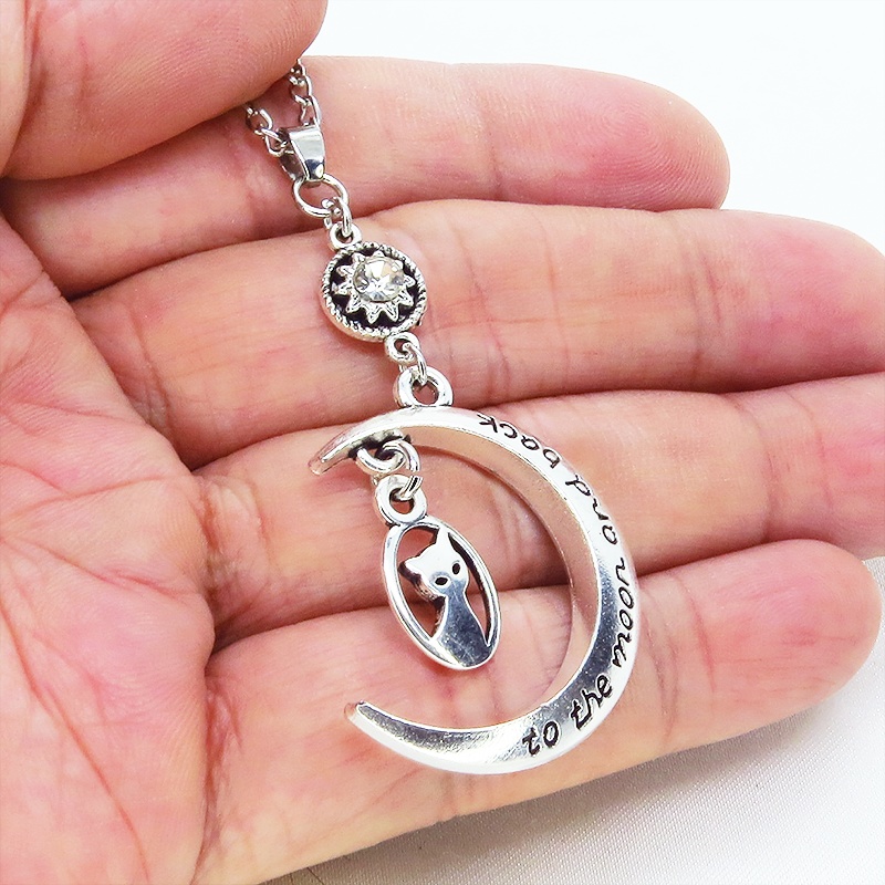 アンティークシルバー 猫と三日月とラインストーンのネックレス SV925可 長さ変更可