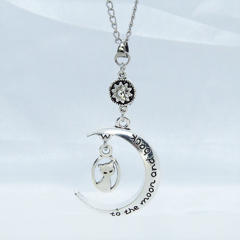 アンティークシルバー 猫と三日月とラインストーンのネックレス SV925可 長さ変更可
