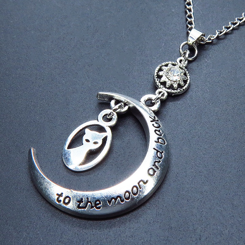 アンティークシルバー 猫と三日月とラインストーンのネックレス SV925可 長さ変更可