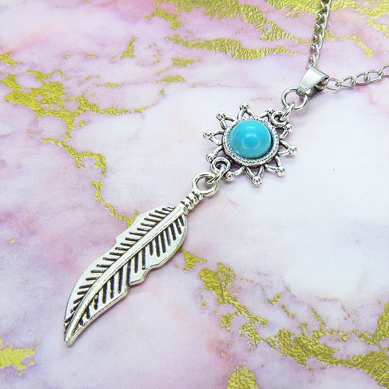 シルバーカラー フェザーとひまわりのモチーフを繋げたネックレス ターコイズ 長さ変更可 SV925変更可