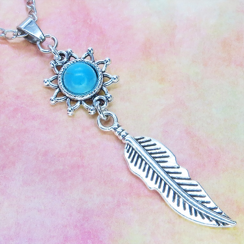 シルバーカラー フェザーとひまわりのモチーフを繋げたネックレス ターコイズ 長さ変更可 SV925変更可