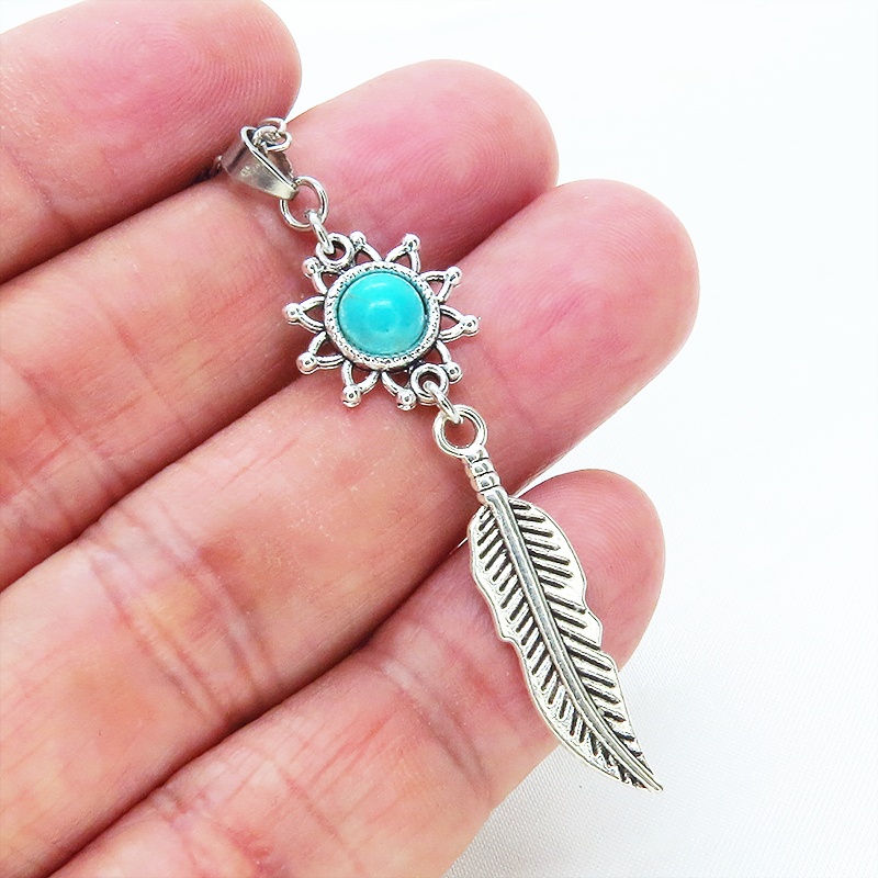 シルバーカラー フェザーとひまわりのモチーフを繋げたネックレス ターコイズ 長さ変更可 SV925変更可