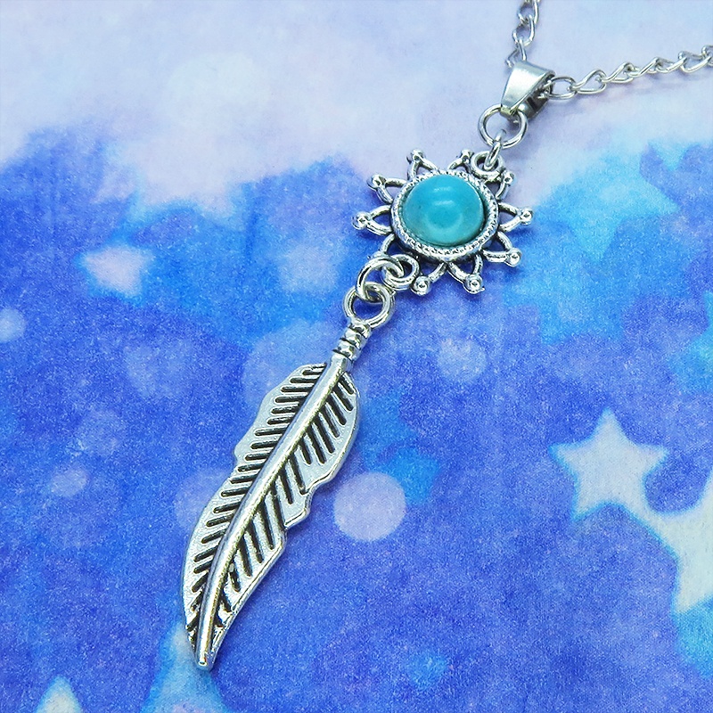 シルバーカラー フェザーとひまわりのモチーフを繋げたネックレス ターコイズ 長さ変更可 SV925変更可