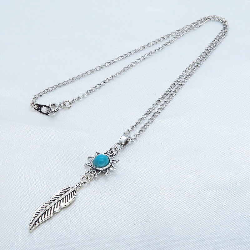 シルバーカラー フェザーとひまわりのモチーフを繋げたネックレス ターコイズ 長さ変更可 SV925変更可