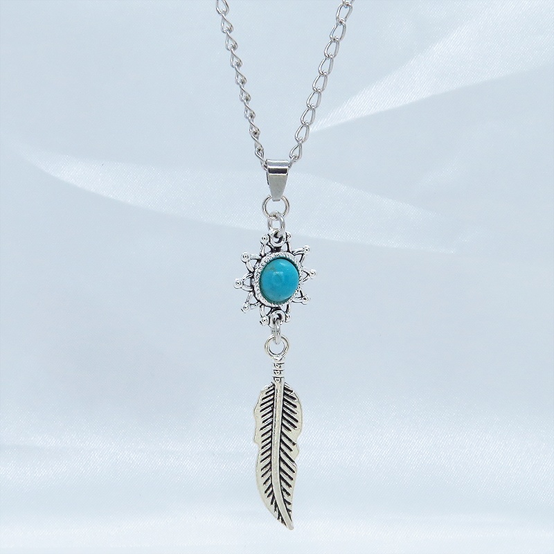 シルバーカラー フェザーとひまわりのモチーフを繋げたネックレス ターコイズ 長さ変更可 SV925変更可