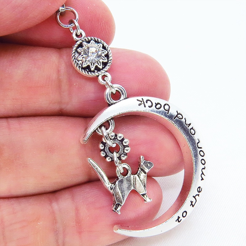 アンティークシルバー 折り紙な猫モチーフと三日月とラインストーンのネックレス SV925可 長さ変更可