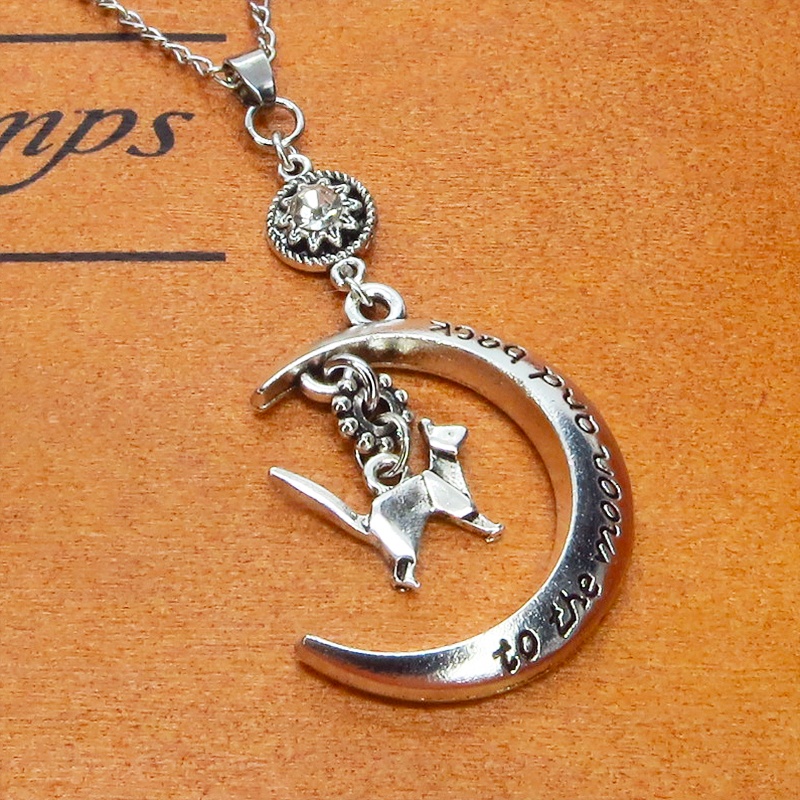 アンティークシルバー 折り紙な猫モチーフと三日月とラインストーンのネックレス SV925可 長さ変更可