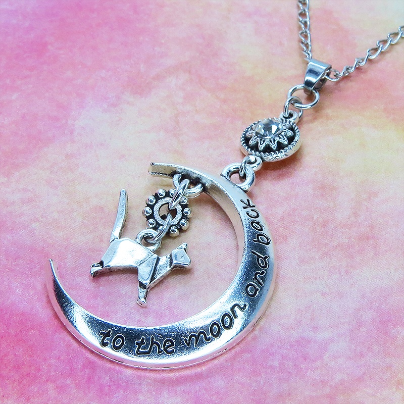 アンティークシルバー 折り紙な猫モチーフと三日月とラインストーンのネックレス SV925可 長さ変更可