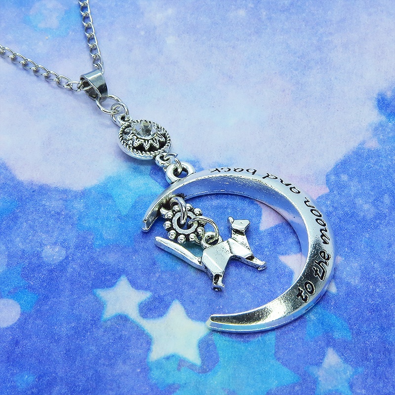 アンティークシルバー 折り紙な猫モチーフと三日月とラインストーンのネックレス SV925可 長さ変更可
