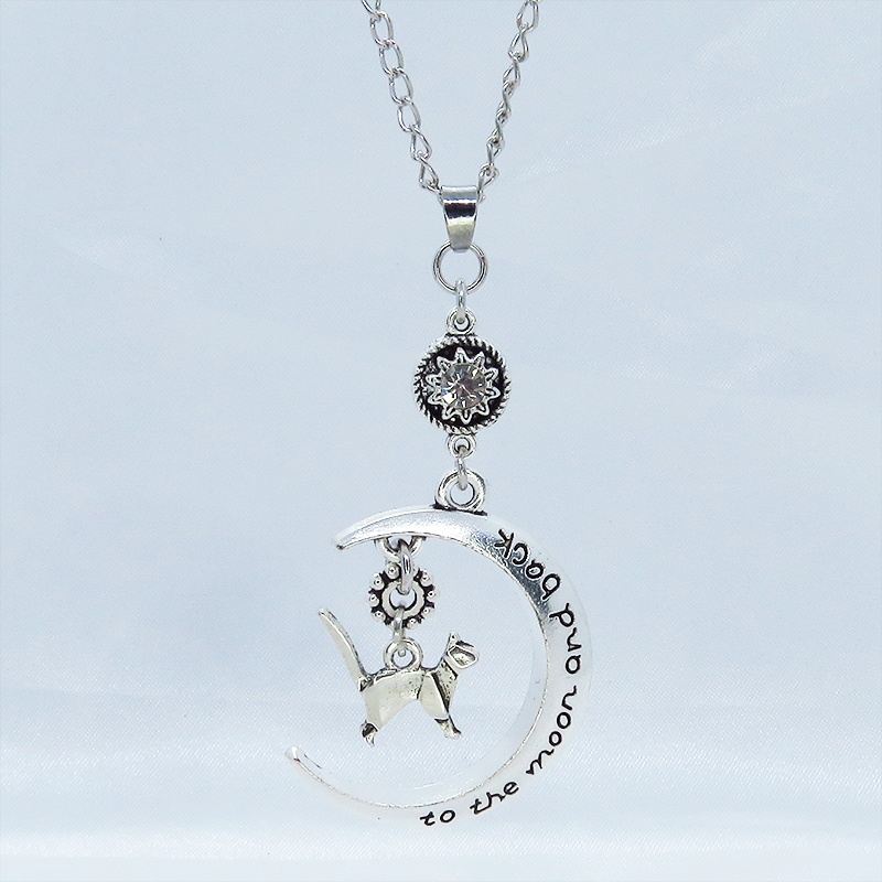 アンティークシルバー 折り紙な猫モチーフと三日月とラインストーンのネックレス SV925可 長さ変更可