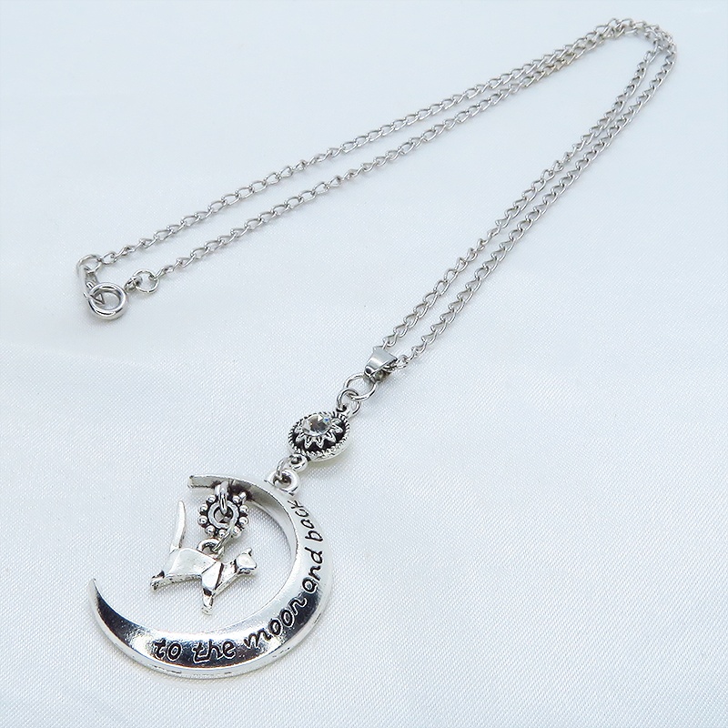 アンティークシルバー 折り紙な猫モチーフと三日月とラインストーンのネックレス SV925可 長さ変更可