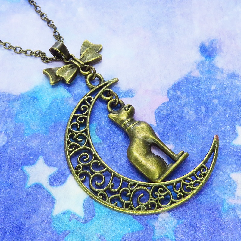 猫の神様 アンティークゴールドのバステト神と透かし三日月の大人可愛いネックレス ムーン リボン アジャスター付