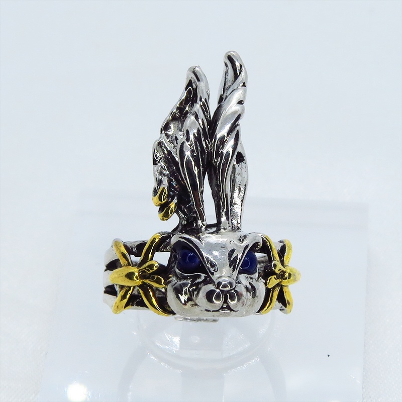 うさぎの顔をかたどったリアルなフェイスリング ラビットリング ブルージルコン 12号 16号