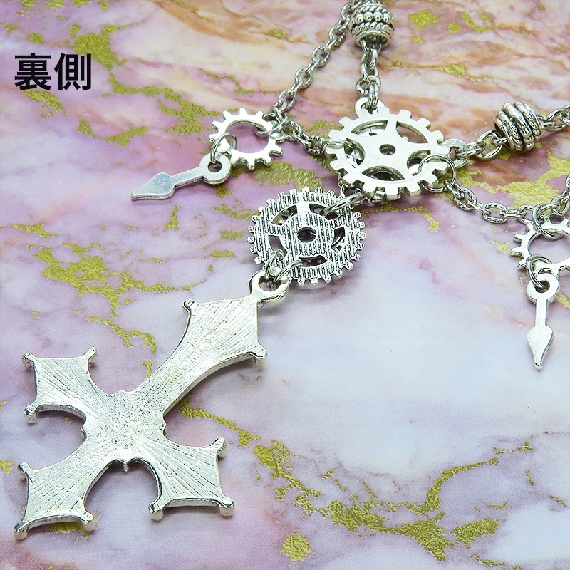 シルバーカラー ゴシック調逆十字ロザリオ(逆十字架)と歯車を組み合わせたネックレス スチームパンク クロス ペトロクロス アジャスター