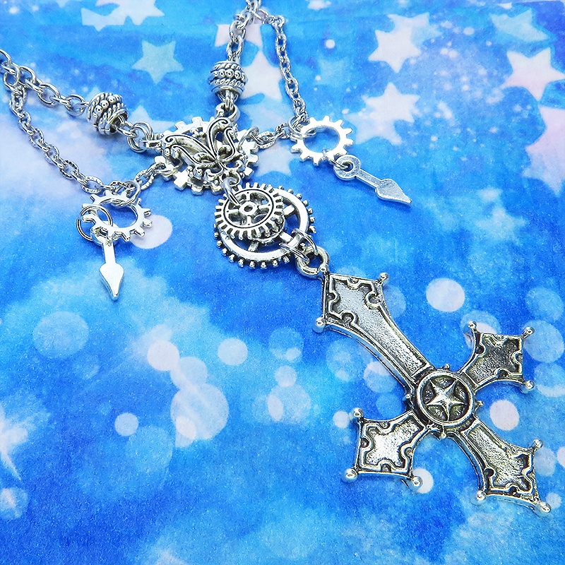 シルバーカラー ゴシック調逆十字ロザリオ(逆十字架)と歯車を組み合わせたネックレス スチームパンク クロス ペトロクロス アジャスター