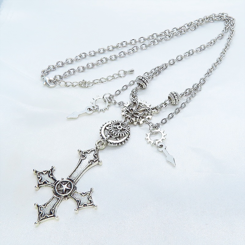 シルバーカラー ゴシック調逆十字ロザリオ(逆十字架)と歯車を組み合わせたネックレス スチームパンク クロス ペトロクロス アジャスター