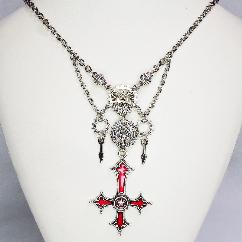 レッドカラー ゴシック調逆十字ロザリオ(逆十字架)と歯車を組み合わせたネックレス スチームパンク クロス ペトロクロス アジャスター