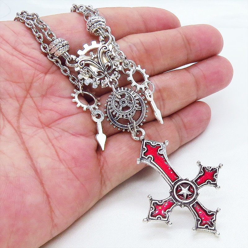 レッドカラー ゴシック調逆十字ロザリオ(逆十字架)と歯車を組み合わせたネックレス スチームパンク クロス ペトロクロス アジャスター