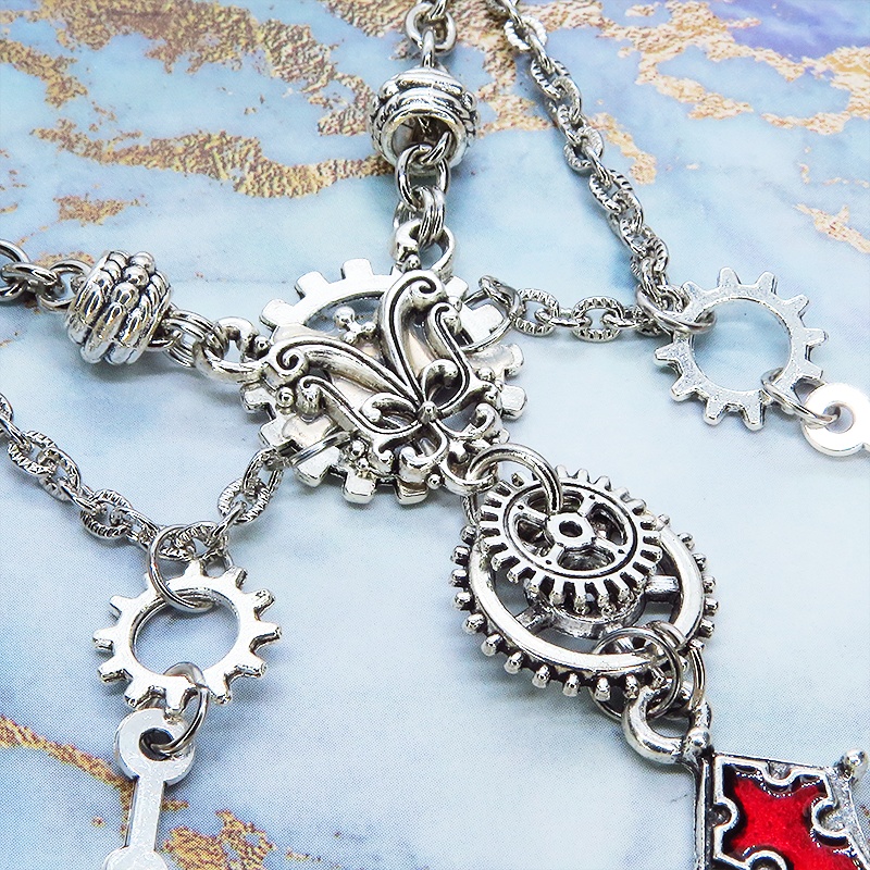 レッドカラー ゴシック調逆十字ロザリオ(逆十字架)と歯車を組み合わせたネックレス スチームパンク クロス ペトロクロス アジャスター