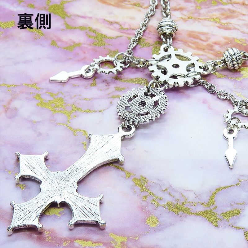 レッドカラー ゴシック調逆十字ロザリオ(逆十字架)と歯車を組み合わせたネックレス スチームパンク クロス ペトロクロス アジャスター