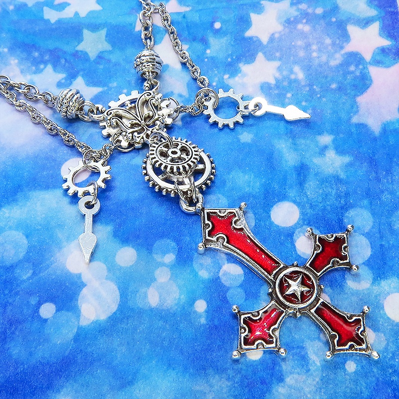 レッドカラー ゴシック調逆十字ロザリオ(逆十字架)と歯車を組み合わせたネックレス スチームパンク クロス ペトロクロス アジャスター