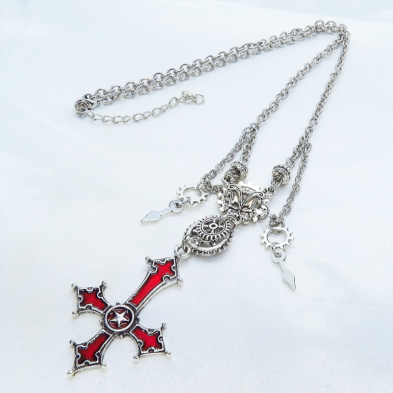 レッドカラー ゴシック調逆十字ロザリオ(逆十字架)と歯車を組み合わせたネックレス スチームパンク クロス ペトロクロス アジャスター