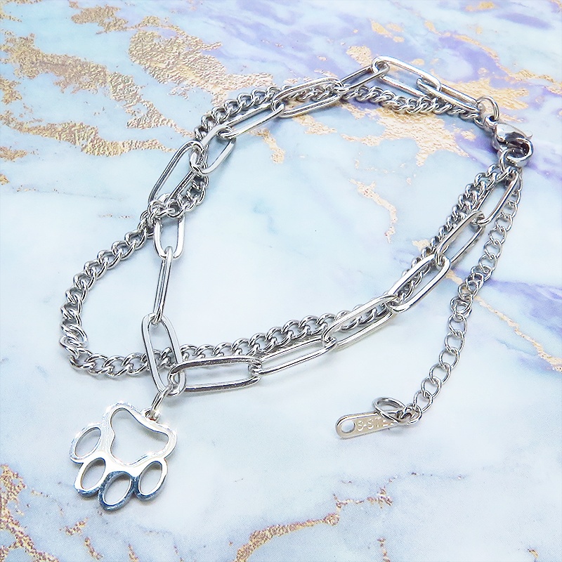 ステンレス製 シルバーカラー 肉球チャームのついたスリムなダブルチェーンブレスレット パンク ロック 猫 犬