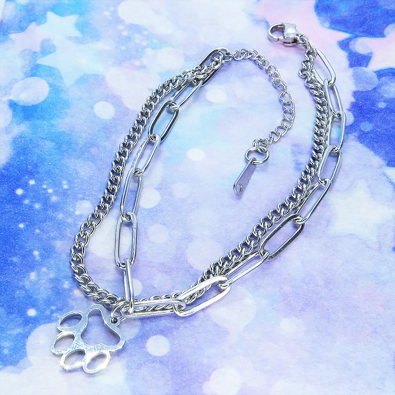 ステンレス製 シルバーカラー 肉球チャームのついたスリムなダブルチェーンブレスレット パンク ロック 猫 犬