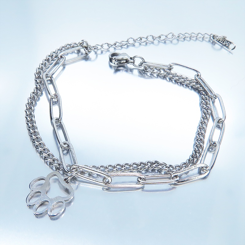 ステンレス製 シルバーカラー 肉球チャームのついたスリムなダブルチェーンブレスレット パンク ロック 猫 犬