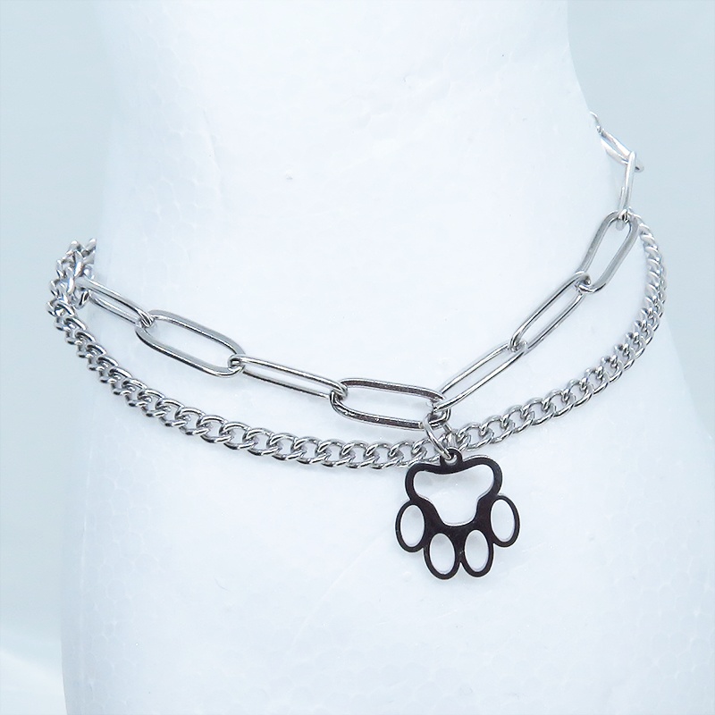 ステンレス製 シルバーカラー 肉球チャームのついたスリムなダブルチェーンブレスレット パンク ロック 猫 犬