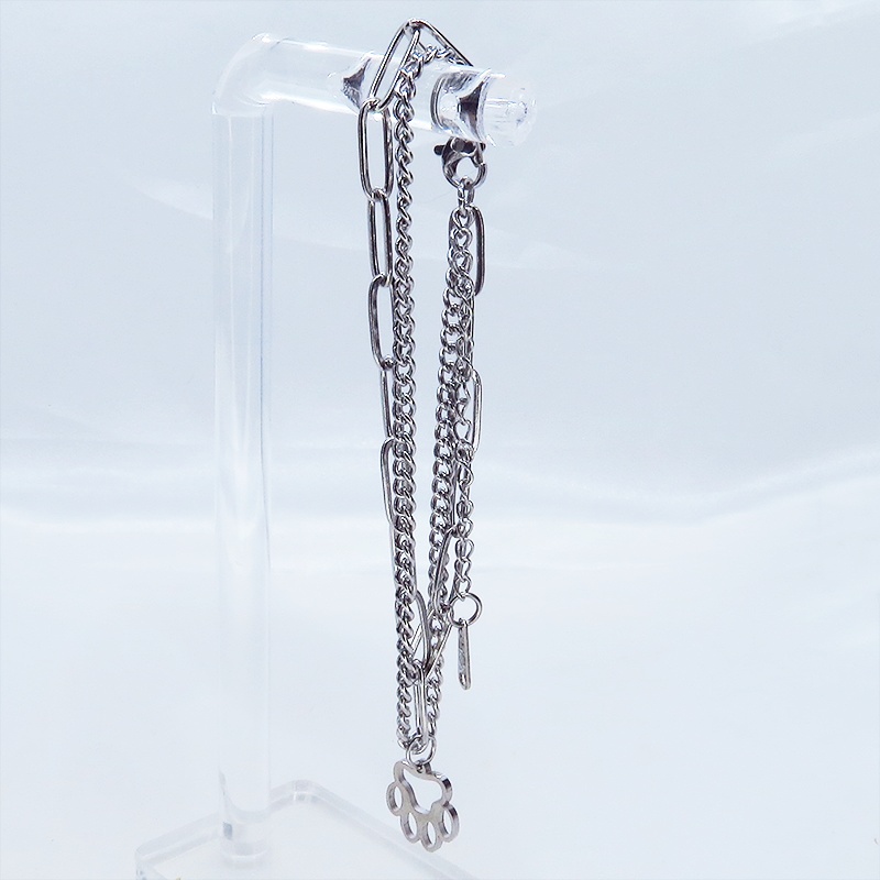 ステンレス製 シルバーカラー 肉球チャームのついたスリムなダブルチェーンブレスレット パンク ロック 猫 犬