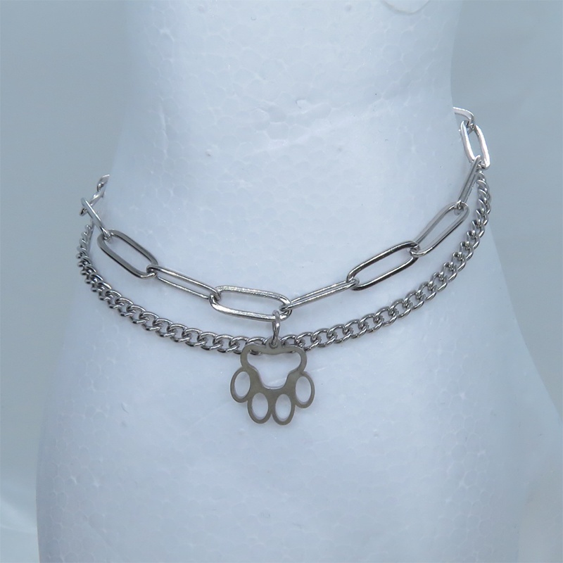 ステンレス製 シルバーカラー 肉球チャームのついたスリムなダブルチェーンブレスレット パンク ロック 猫 犬