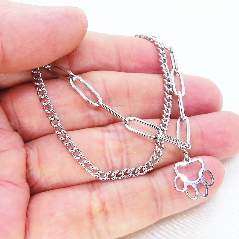 ステンレス製 シルバーカラー 肉球チャームのついたスリムなダブルチェーンブレスレット パンク ロック 猫 犬