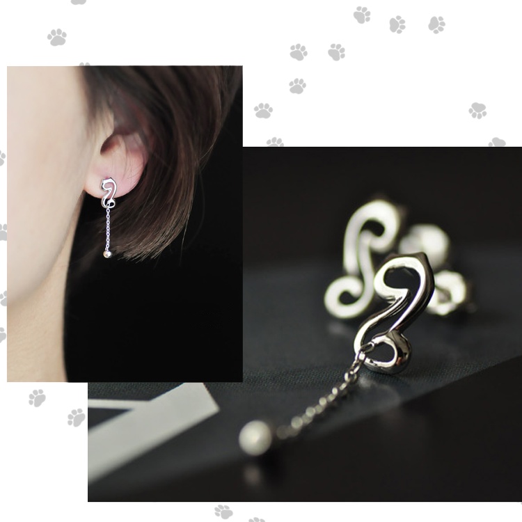シルバー925 スタイリッシュな猫シルエットモチーフのアシンメトリーピアス チェーン ビーズ