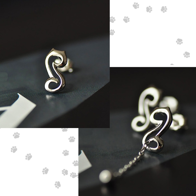 シルバー925 スタイリッシュな猫シルエットモチーフのアシンメトリーピアス チェーン ビーズ