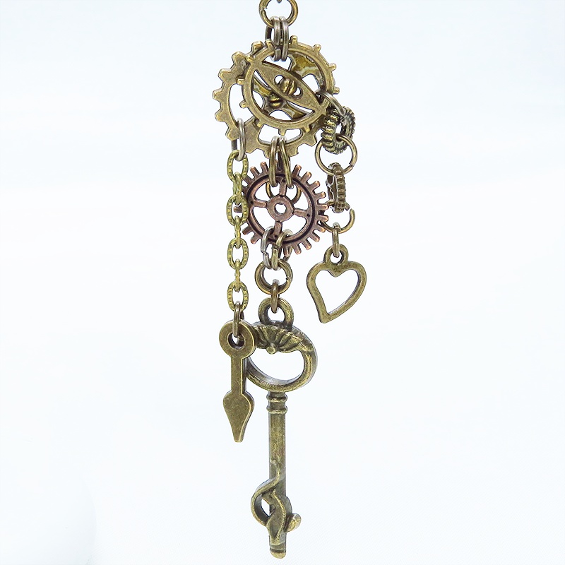 アンティークゴールド スチームパンク風 猫と歯車のアシンメトリーピアス チェーン ハート カギ 時計の針 コンパクト