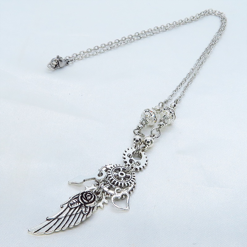 アンティークシルバー 翼と歯車を組合せたスチームパンク風ネックレス ロングチェーン 羽 フェザー ハート 時計の針