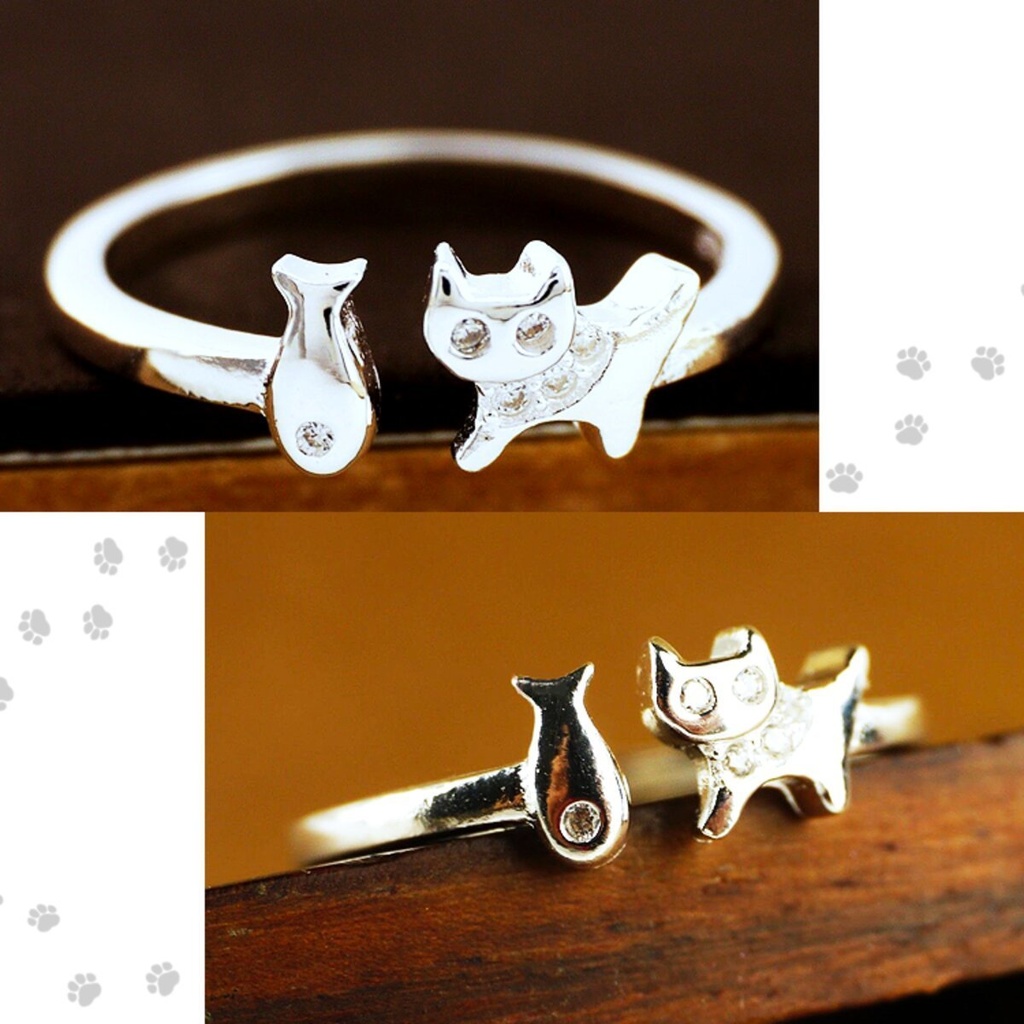 猫と魚のモチーフのリング シルバー925 キュービックジルコニア フリーサイズ 繊細