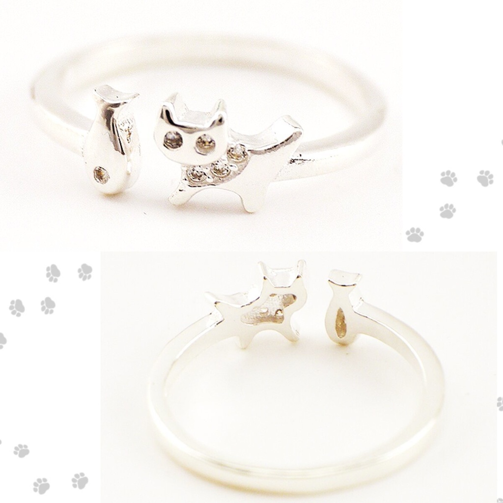 猫と魚のモチーフのリング シルバー925 キュービックジルコニア フリーサイズ 繊細