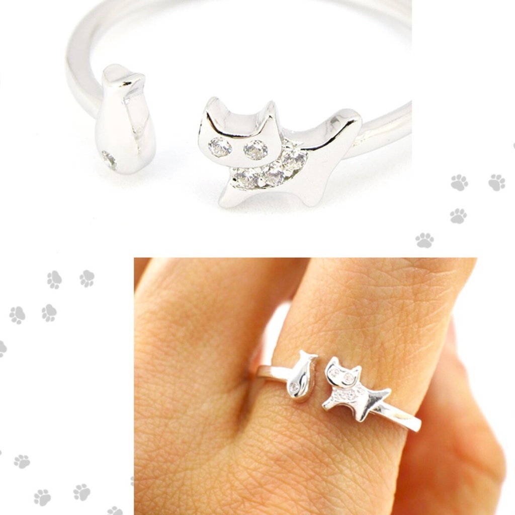 猫と魚のモチーフのリング シルバー925 キュービックジルコニア フリーサイズ 繊細