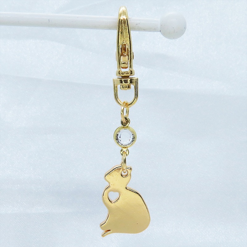 ゴールドカラー 猫シルエットモチーフとラインストーンのキーホルダー バッグチャーム シンプル クリア
