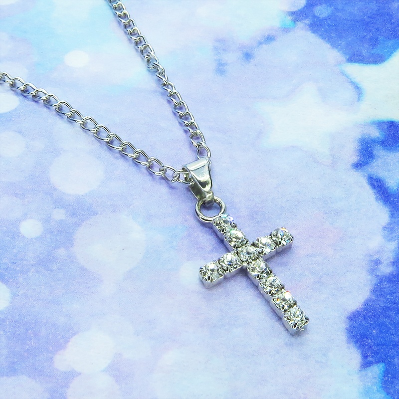 ラインストーンを使ったクロス(十字架)のコンパクトなネックレス ワンポイント 長さ変更可 SV925変更可 アジャスター追加可